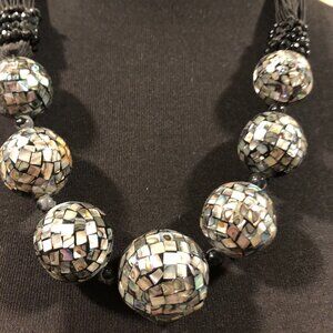Chunky Sajen 925 Bead Runway necklace Mosaic Abalone Inlaid MOP Vintage 22"